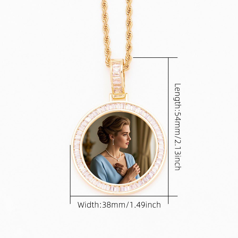 Dimension & Size Weight Reference Chart Brass Baguette Cut Cubic Zirconia Halo Round Custom Photo Pendant Necklace Parameter Diagram