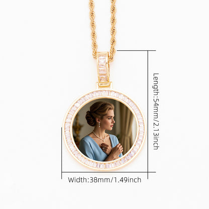 Dimension & Size Weight Reference Chart Brass Baguette Cut Cubic Zirconia Halo Round Custom Photo Pendant Necklace Parameter Diagram