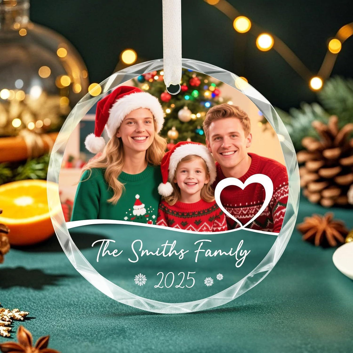 Personalized round crystal photo family Christmas ornament hanging decor