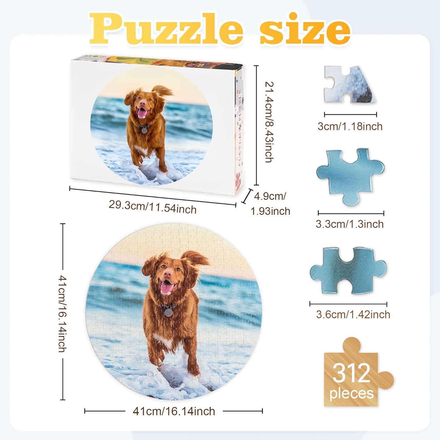 Round personalized photo jigsaw puzzle size guide chart, multiple piece counts & dimensions comparison for circular custom picture puzzle