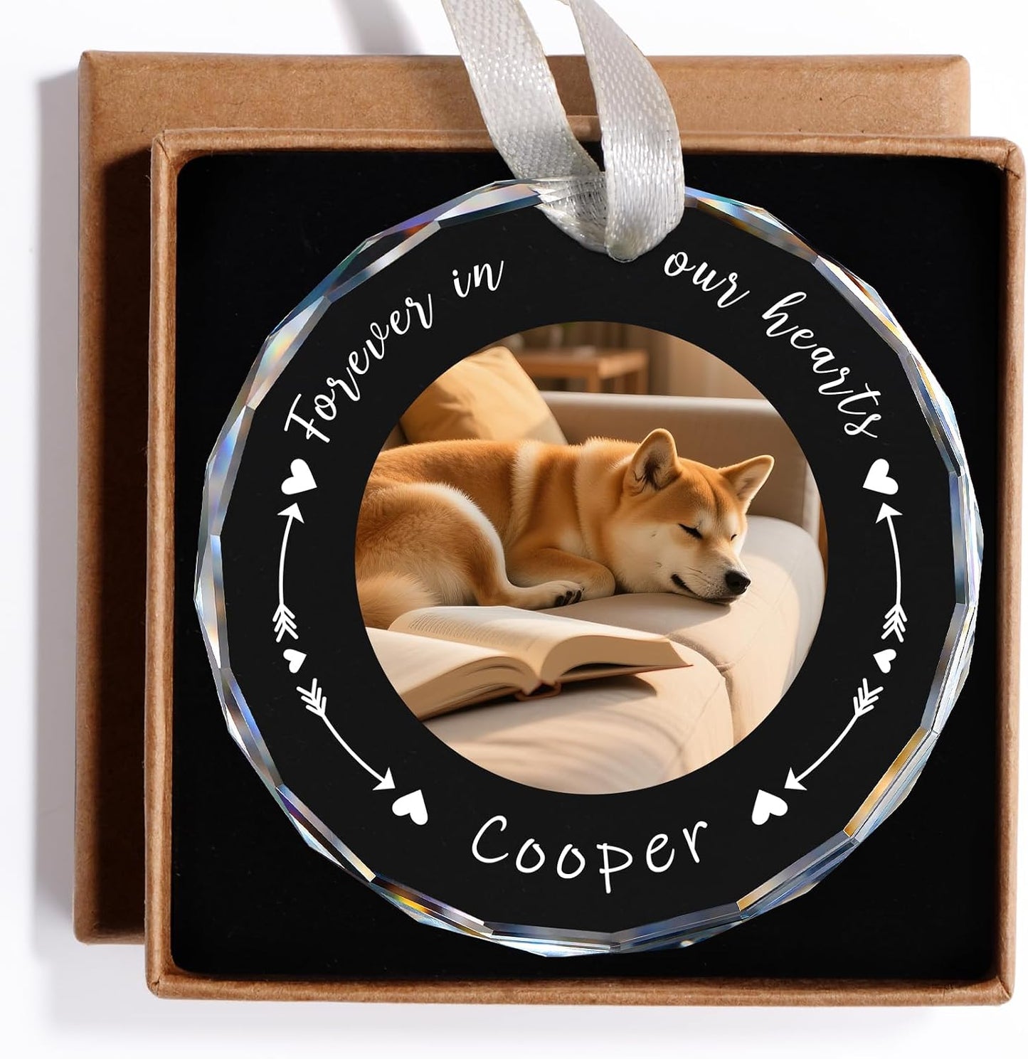 Personalized dog memorial round crystal photo ornament keepsake