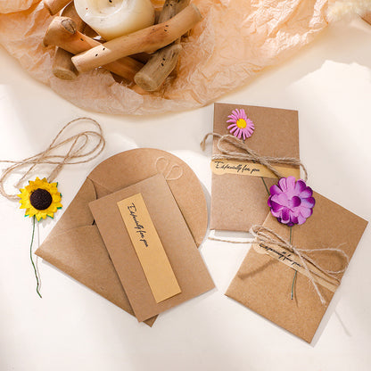 Mini kraft blank greeting cards with decorative flower and jute twine, gift enclosure stationery