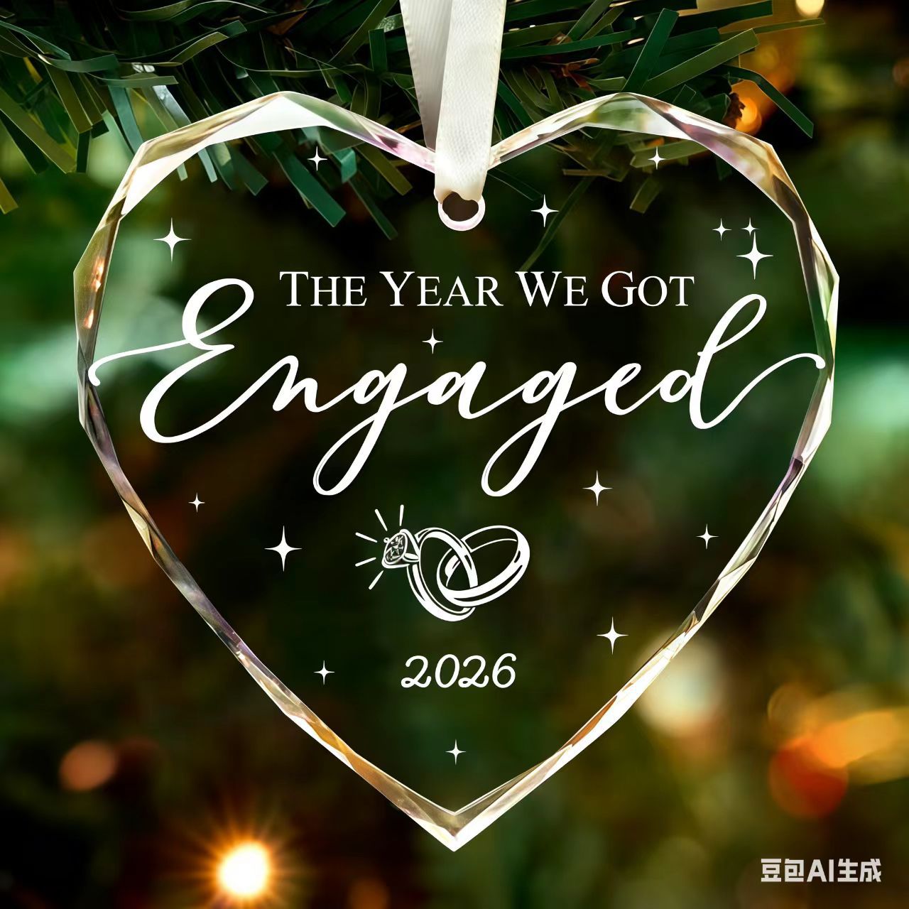 Custom cursive text heart engaged crystal Christmas ornament