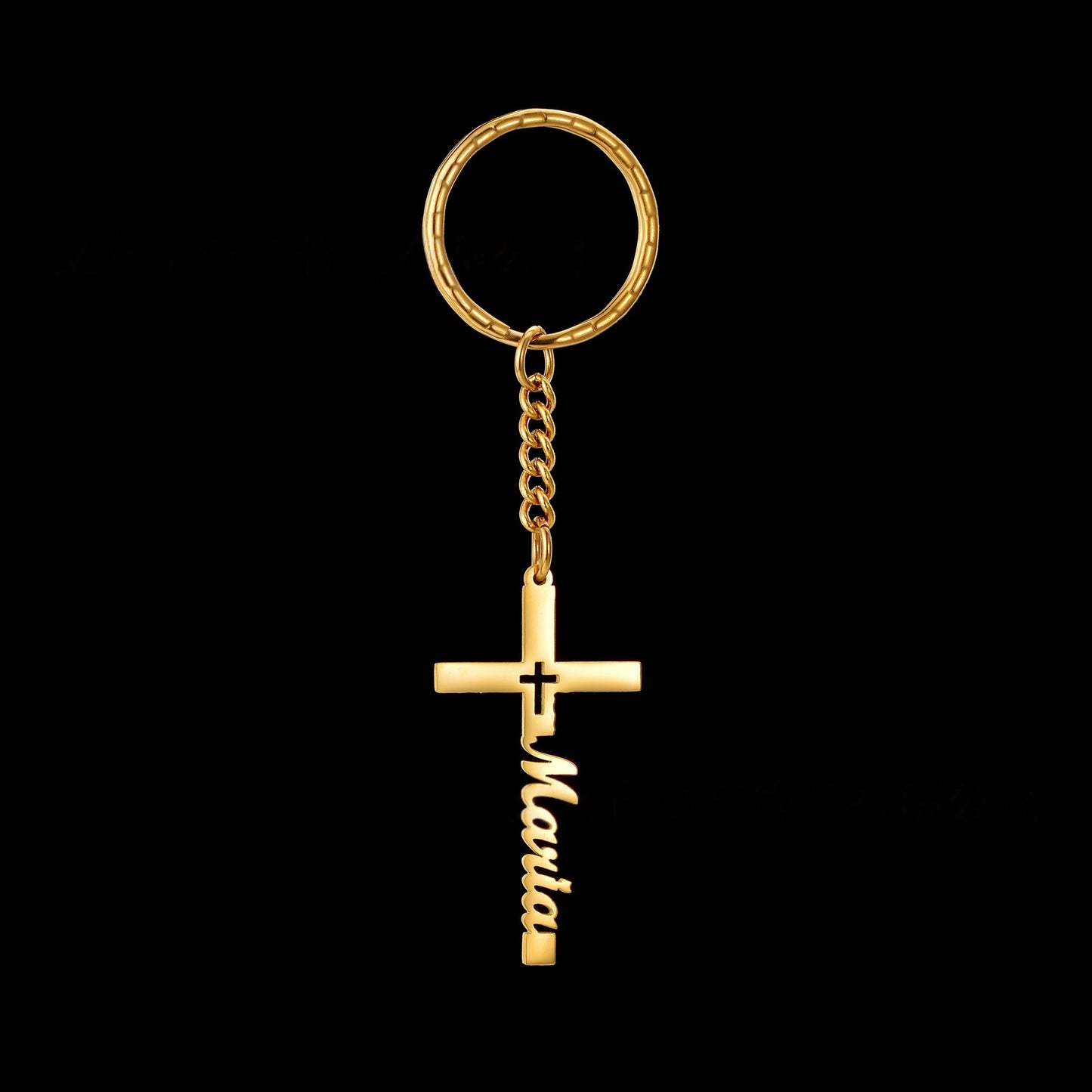 Script font custom engraved name gold cross keychain, sentimental faith key ring for believers