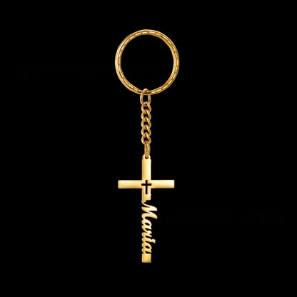 Script font custom engraved name gold cross keychain, sentimental faith key ring for believers