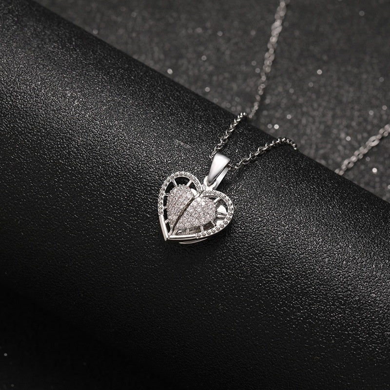 Silver Brass Filigree Angel Wing Open Heart Locket Necklace Bereavement Remembrance Cubic Zirconia Pendant for Her