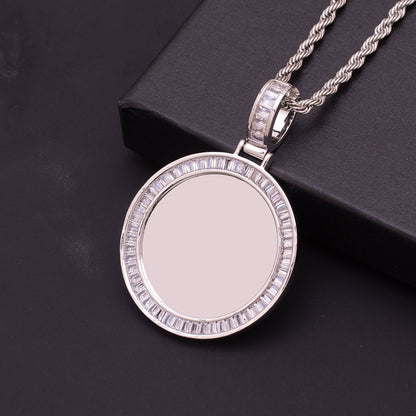 Silver Polished Brass Baguette Cut CZ Halo Round Blank Photo Medallion Personalized Picture Compartment Casual Daily Wear Necklace