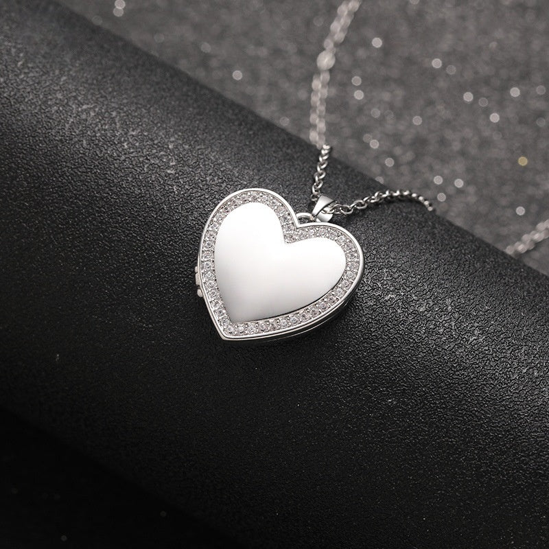 Silver Tone Brass Smooth Face Heart Photo Locket Necklace Full CZ Border Pet Loss Sympathy Keepsake Wearable Jewelry