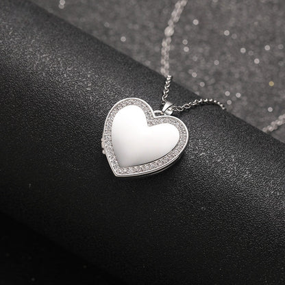 Silver Tone Brass Smooth Face Heart Photo Locket Necklace Full CZ Border Pet Loss Sympathy Keepsake Wearable Jewelry