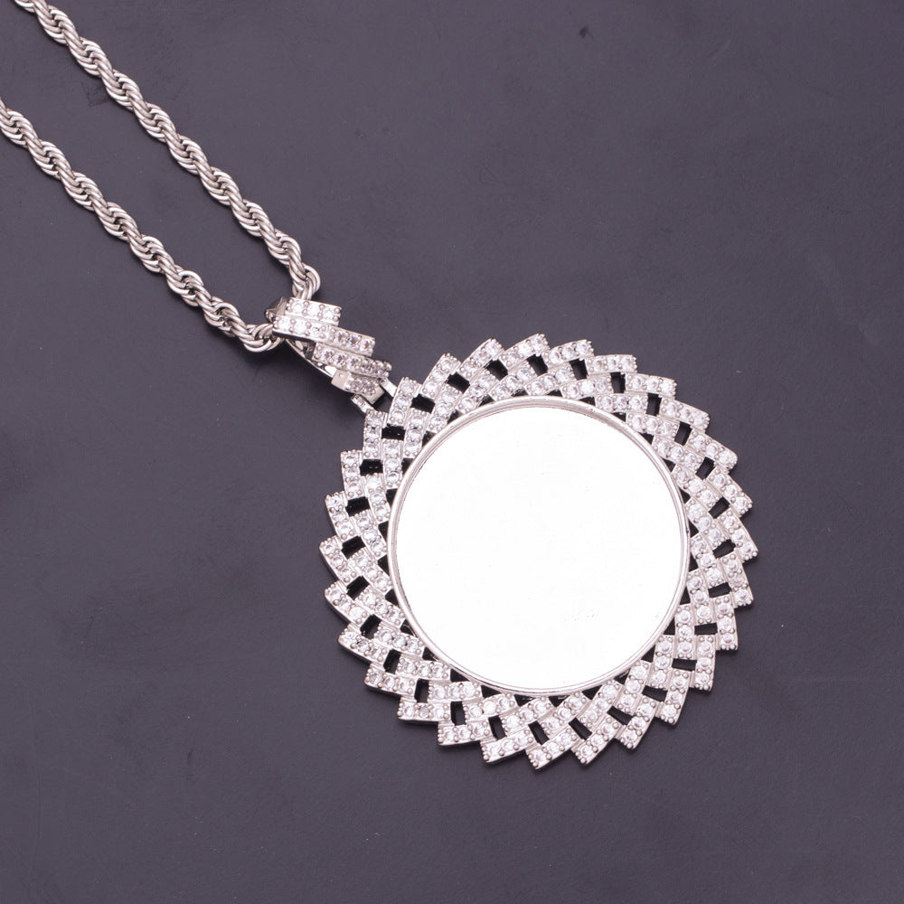 Blank Back Side Silver Geometric Square Cubic Zirconia Custom Photo Medallion Unprinted Hollow Frame Pendant