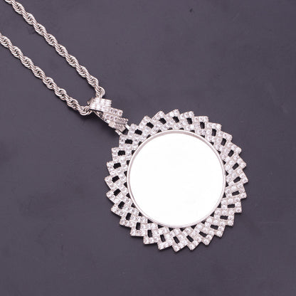 Blank Back Side Silver Geometric Square Cubic Zirconia Custom Photo Medallion Unprinted Hollow Frame Pendant
