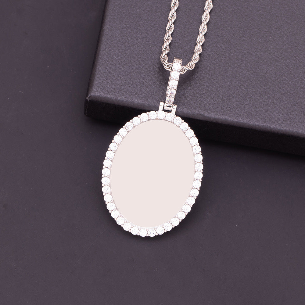 Silver Polished Brass Pave CZ Framed Oval Blank Photo Medallion Minimalist Daily Wear Sentimental Necklace for Women