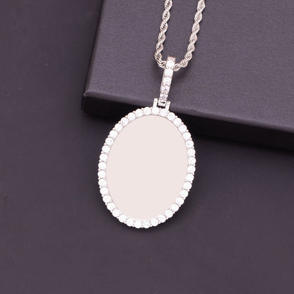 Silver Polished Brass Pave CZ Framed Oval Blank Photo Medallion Minimalist Daily Wear Sentimental Necklace for Women