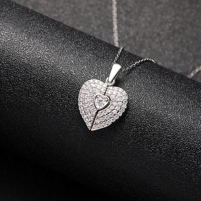 Silver Tone Brass Cubic Zirconia Paved Heart Locket Angel Wing Necklace Bereavement Memorial Gift for Her