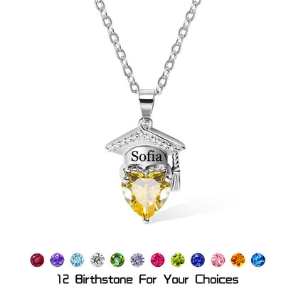Silver plated brass graduation cap pendant with yellow heart zircon and corresponding birthstone color bar