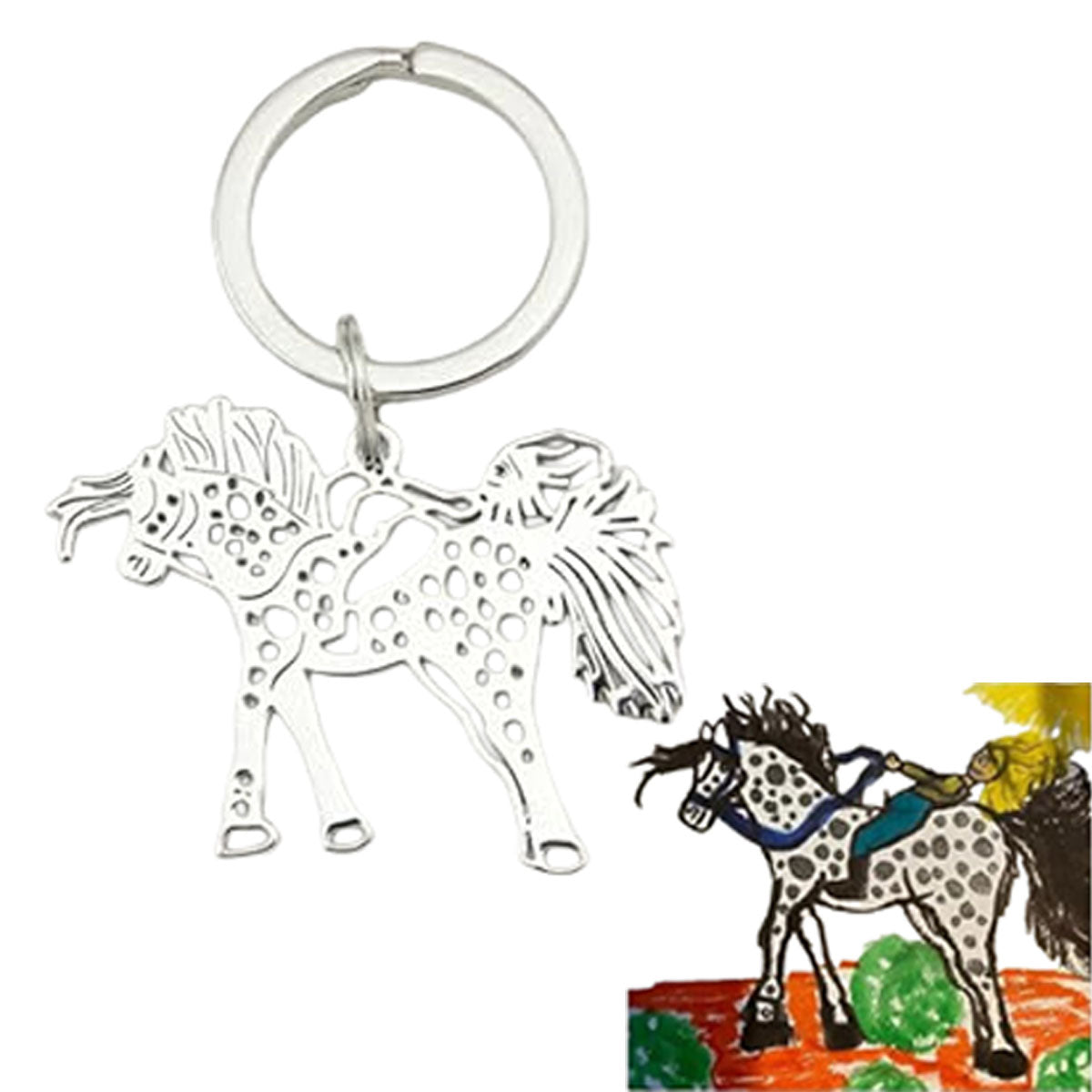 Silver Custom Horse Child Hand Drawn Sketch Outline Keychain Personalized Kid Artwork Hollow Metal Keepsake Accessory