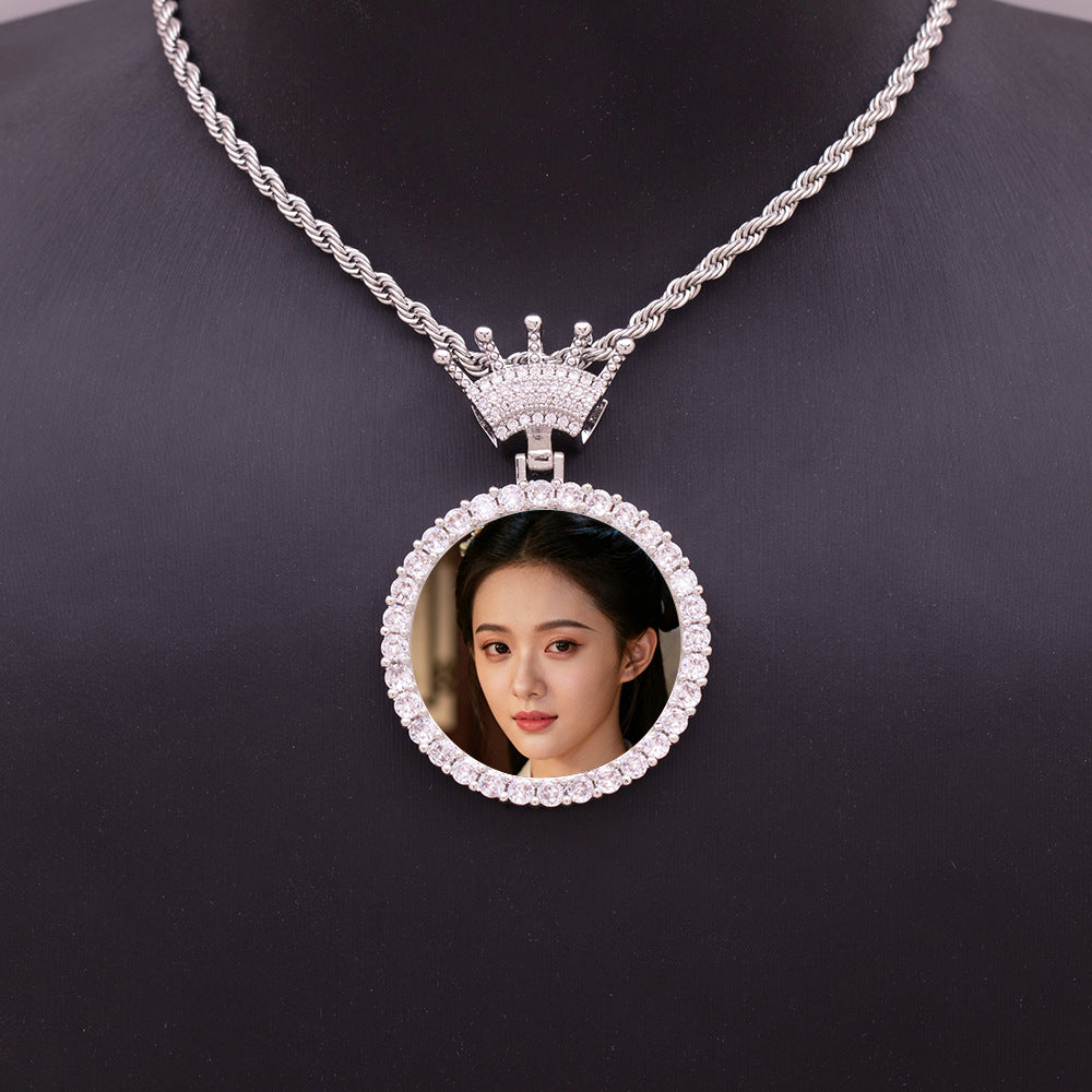 Silver Diamond Crown Custom Portrait Pendant Necklace Worn On Neck Personalized Sentimental Gift For Her