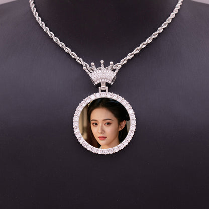 Silver Diamond Crown Custom Portrait Pendant Necklace Worn On Neck Personalized Sentimental Gift For Her