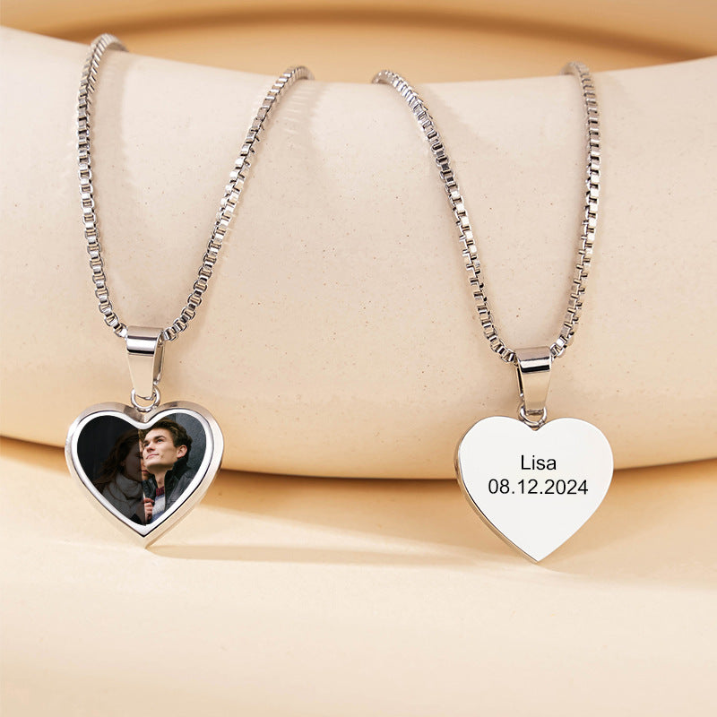 Silver dog tag heat activated personalized photo engraved daily wear necklace