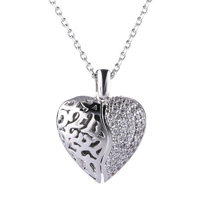 Silver Two-Sided Hollow & Paved Cubic Zirconia Heart Locket Brass Guardian Angel Wing Sentimental Women Pendant