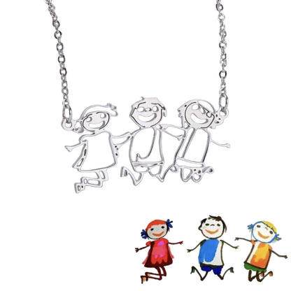 Silver Group Sibling Kids Hand Drawn Outline Necklace Custom Child Sketch Hollow Pendant Family Memory Jewelry For Grandma Mom
