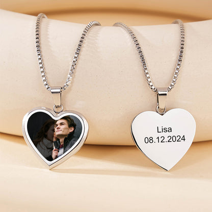 Silver titanium matching heart necklaces with hidden custom photo and personalized back engraving souvenir jewelry