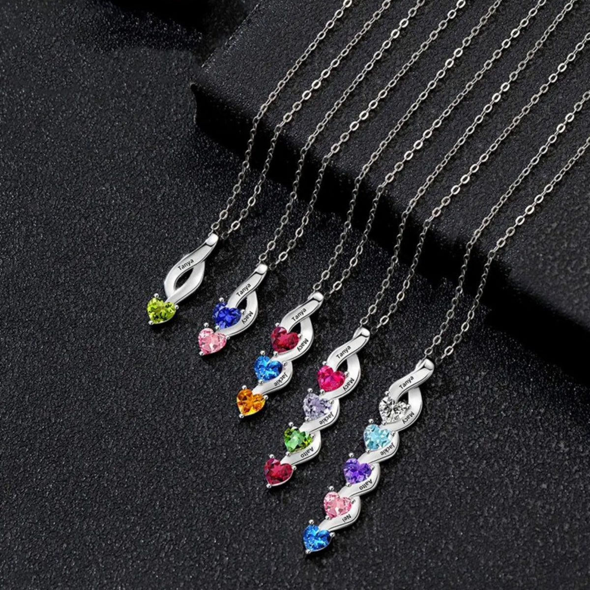 Silver Twist Spiral Multi Heart Birthstone Pendant Collection Flat Lay Customizable 1 To 6 Family Month Stones Jewelry