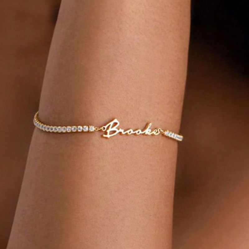 Dainty silver custom name zircon tennis bracelet worn on wrist