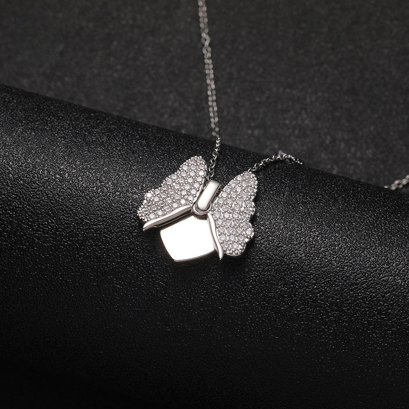 Silver Tone Brass Sparkling CZ Butterfly Open Locket Necklace Blank Engraving Plate Pet Loss Keepsake Jewelry