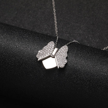 Silver Tone Brass Sparkling CZ Butterfly Open Locket Necklace Blank Engraving Plate Pet Loss Keepsake Jewelry