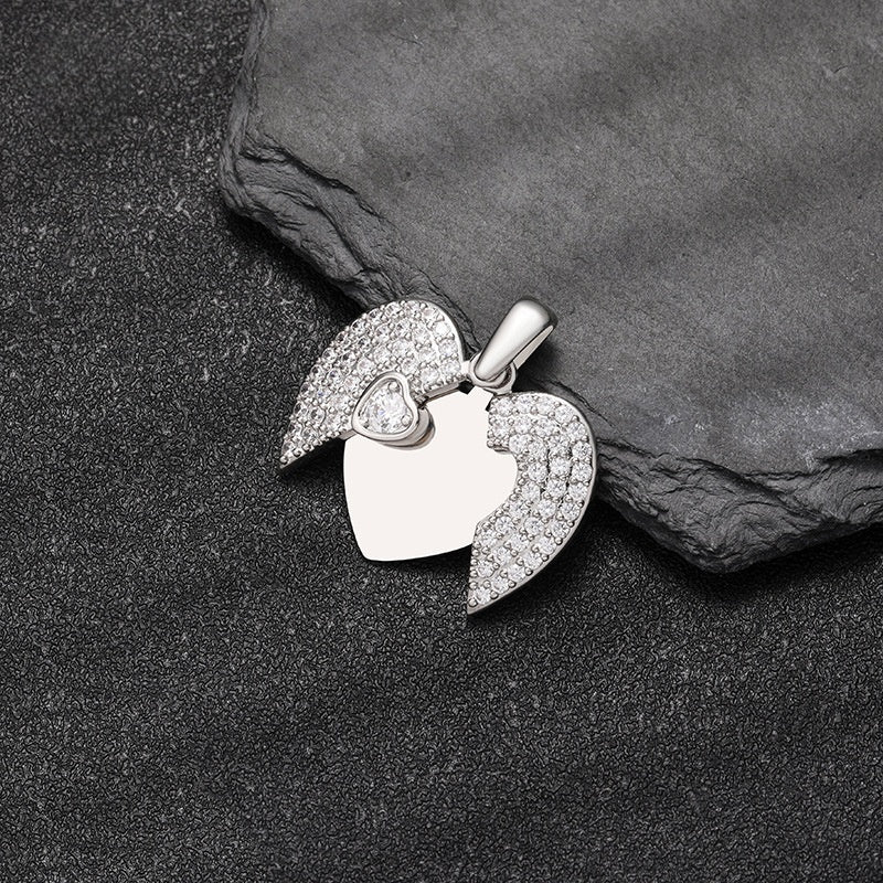 Opened Silver Brass Hollow Angel Wing Heart Locket Necklace Blank Plate Custom Engraved Cubic Zirconia Jewelry