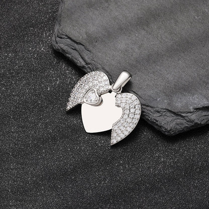 Opened Silver Brass Hollow Angel Wing Heart Locket Necklace Blank Plate Custom Engraved Cubic Zirconia Jewelry