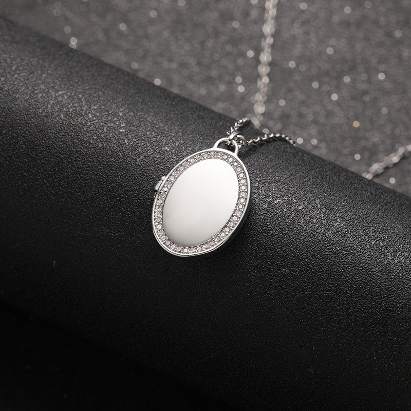 Silver Brass Cubic Zirconia Framed Oval Open Photo Locket Necklace Bereavement Remembrance Keepsake Jewelry For Her