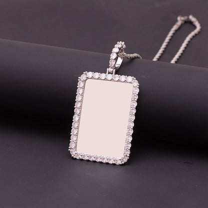 Silver Brass Cubic Zirconia Halo Framed Rectangle Custom Photo Dog Tag Necklace Minimalist Unisex Grief Healing Memory Pendant