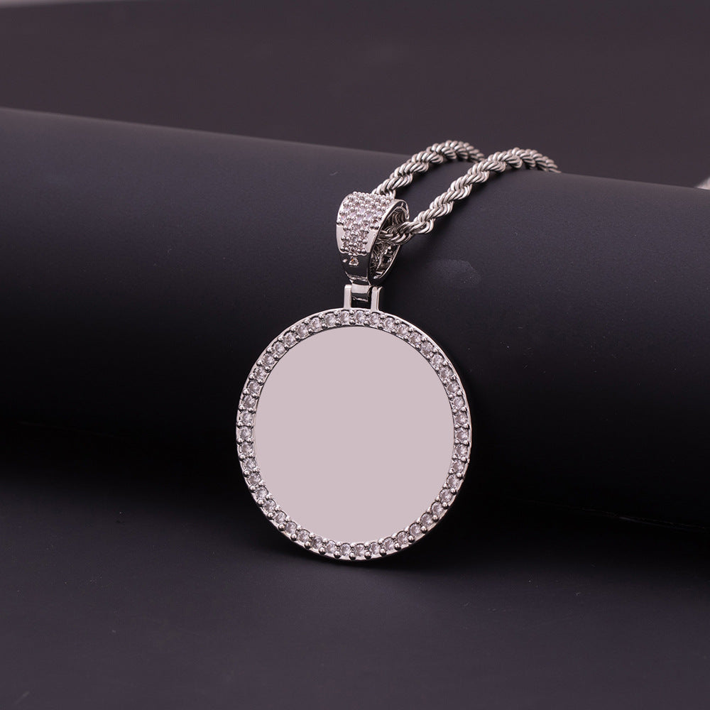 Silver Brass Circular Cubic Zirconia Edged Custom Photo Pendant Necklace Unisex Bereavement Remembrance Memory Jewelry Close View