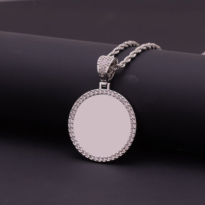 Silver Brass Circular Cubic Zirconia Edged Custom Photo Pendant Necklace Unisex Bereavement Remembrance Memory Jewelry Close View