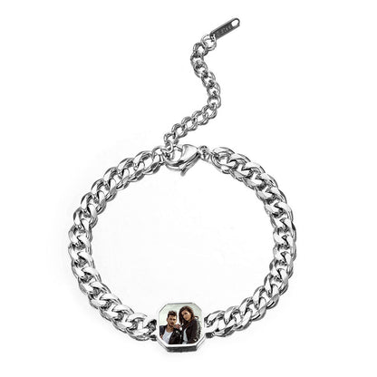 Silver stainless steel adjustable cuban bracelet with body heat revealed custom couple round photo