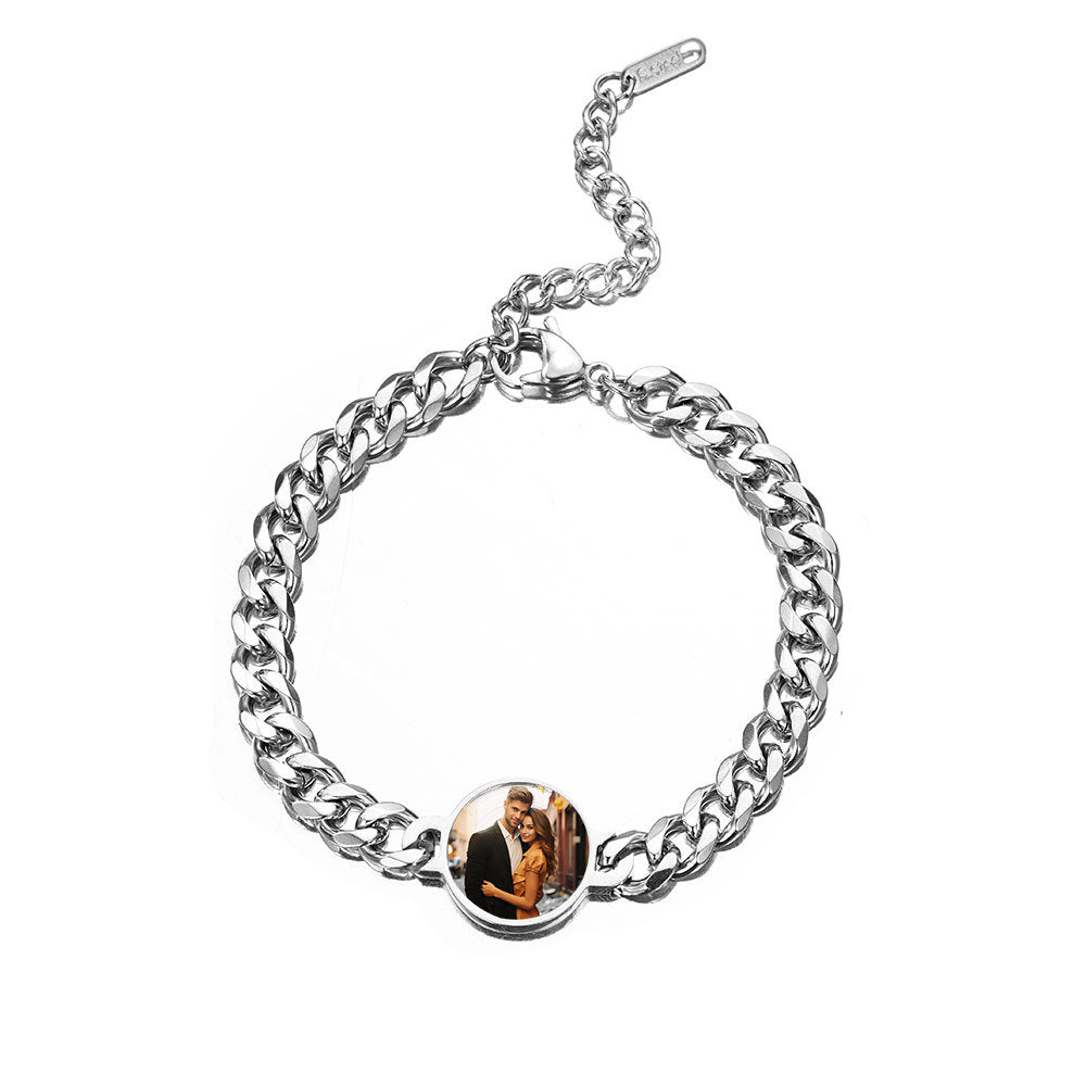 Silver stainless steel cuban link bracelet with heat reveal hidden personalized round photo charm