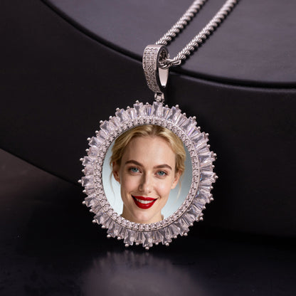 Silver Plated Sunburst Baguette Cubic Zirconia Custom Photo Pendant Personalized Portrait Memory Necklace For Men Women