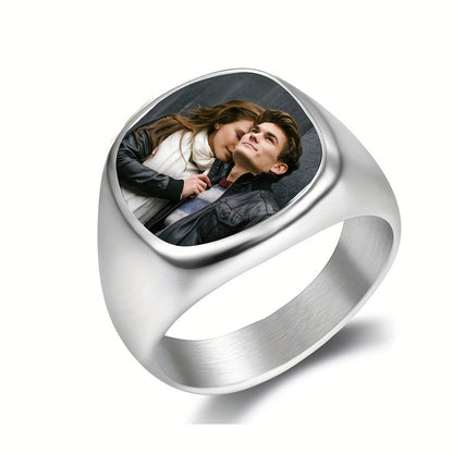 Solid silver titanium signet ring with temperature hidden personalized photo on oval top