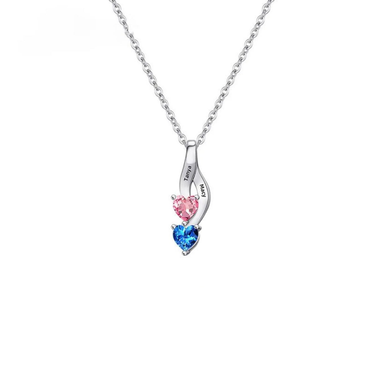 Silver Plated Twist 2 Heart Birthstone Pendant Minimalist Custom Family Month Stone Necklace For Daily Wear