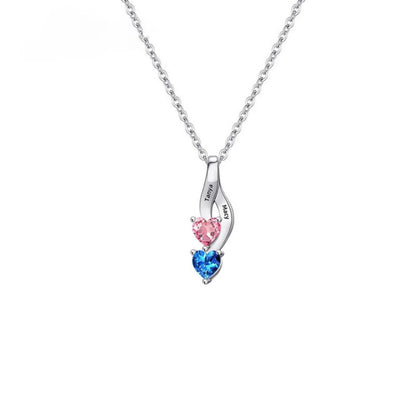 Silver Plated Twist 2 Heart Birthstone Pendant Minimalist Custom Family Month Stone Necklace For Daily Wear