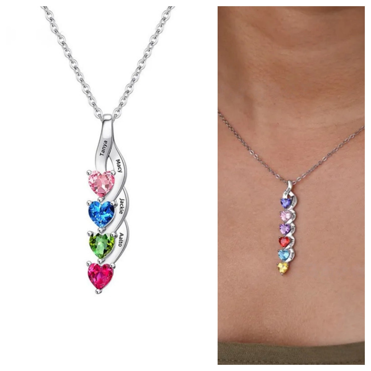 Silver Twisted 4 Heart Birthstone Necklace Custom Grandkids Month Stone Pendant Dual View Product Shot