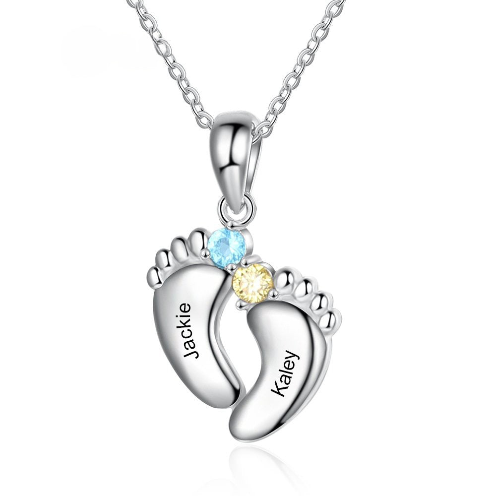 Minimalist double baby footprint brass necklace with two birthstone cubic zirconia and custom engraved names