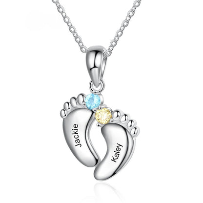 Minimalist double baby footprint brass necklace with two birthstone cubic zirconia and custom engraved names