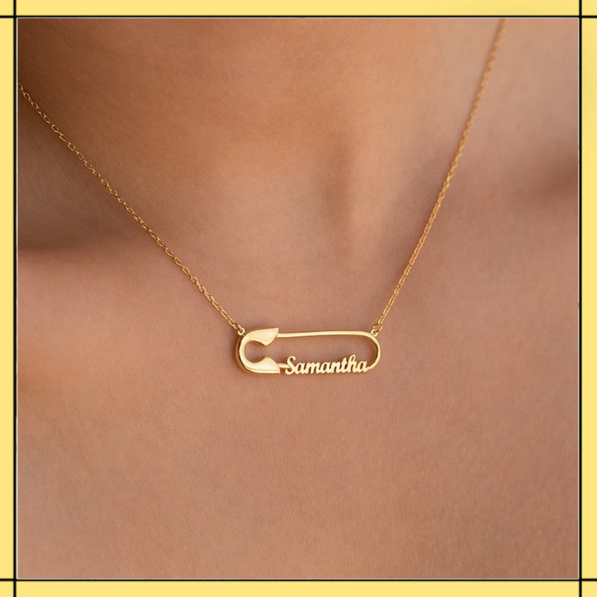Minimal Custom Single Script Name Safety Pin Necklace Gold Dainty Jewelry Worn On Neck