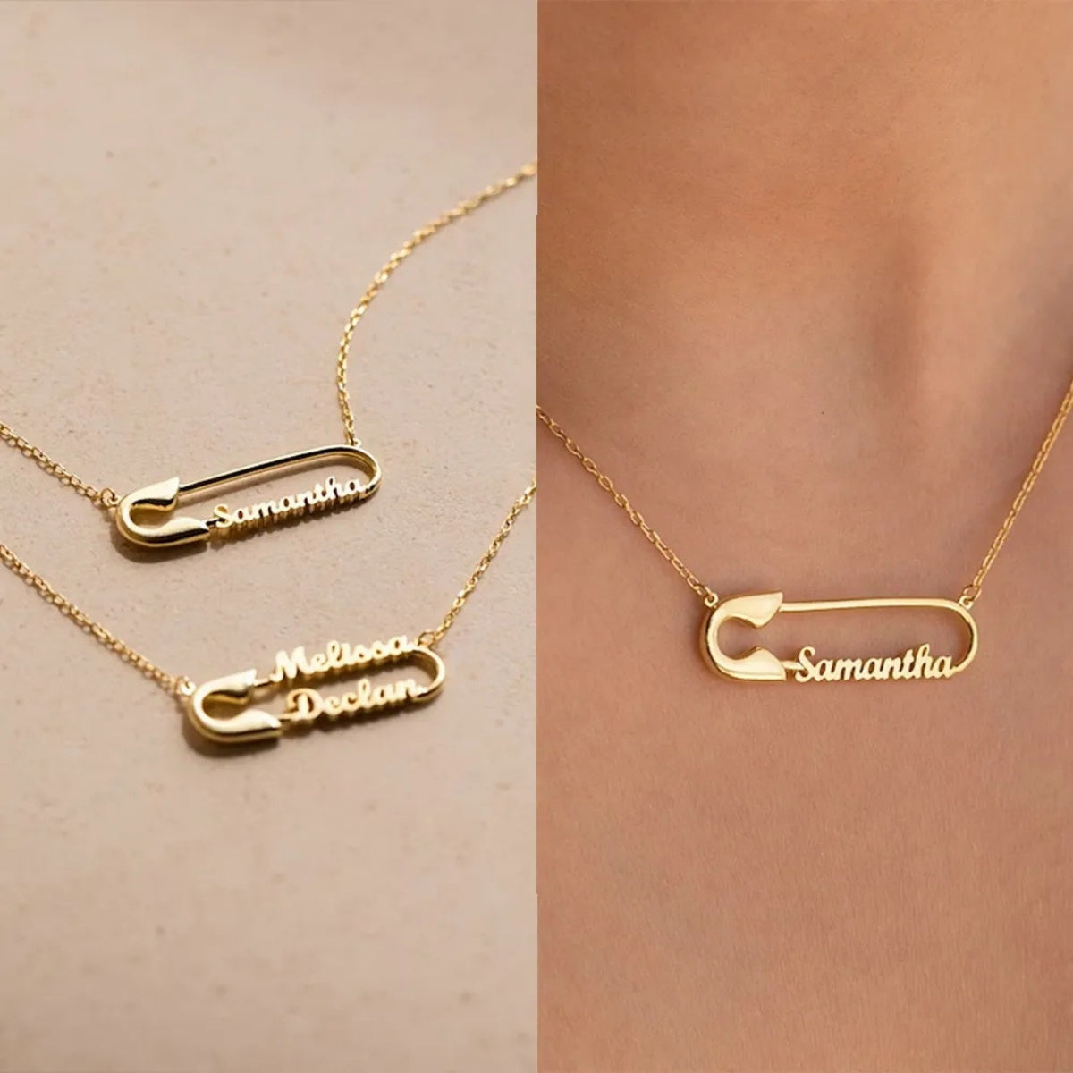 Single & Double Custom Name Safety Pin Pendant Comparison Personalized Gold Name Necklace Set