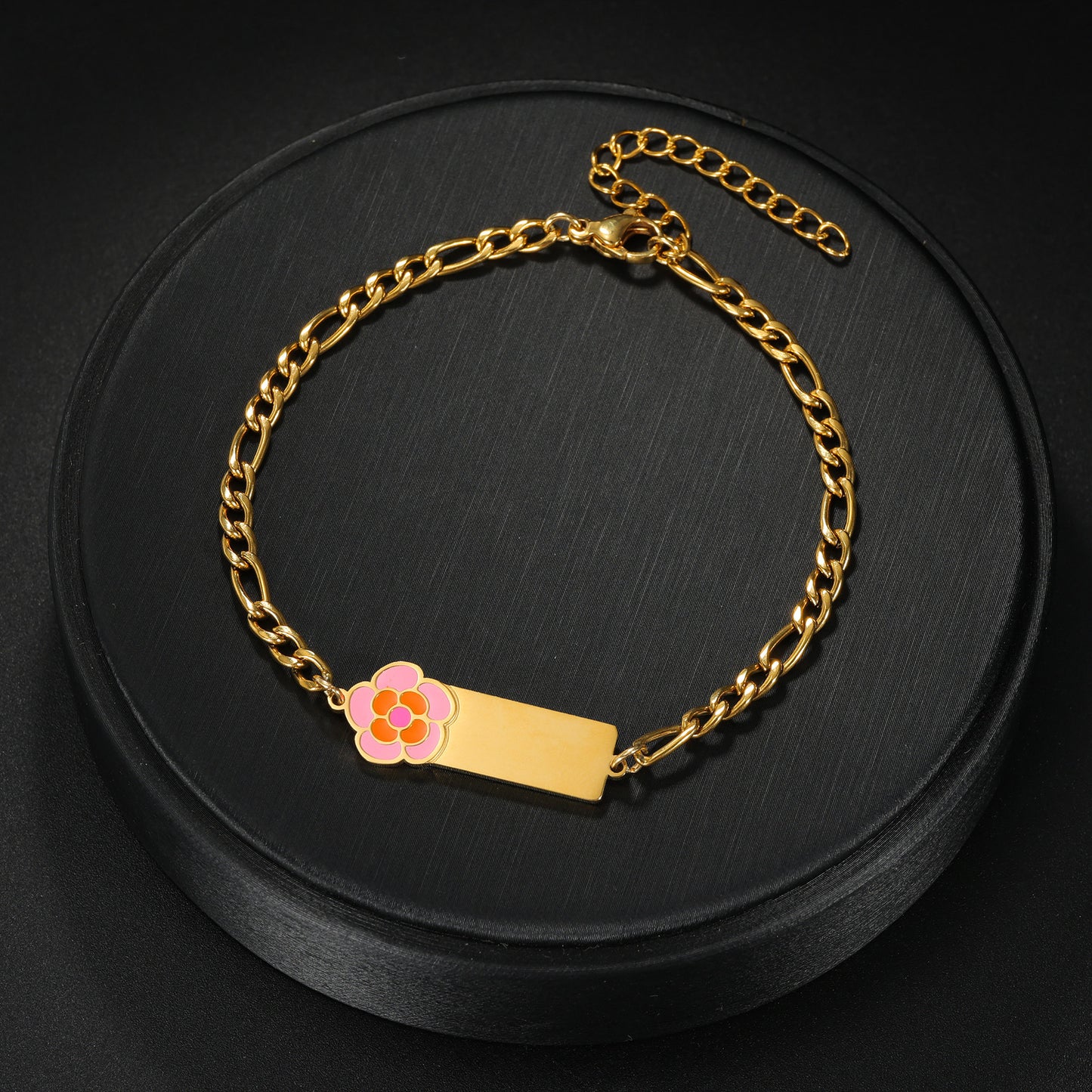 Single pink flower enamel charm custom engraved gold name bar bracelet, minimalist daily stackable wrist jewelry
