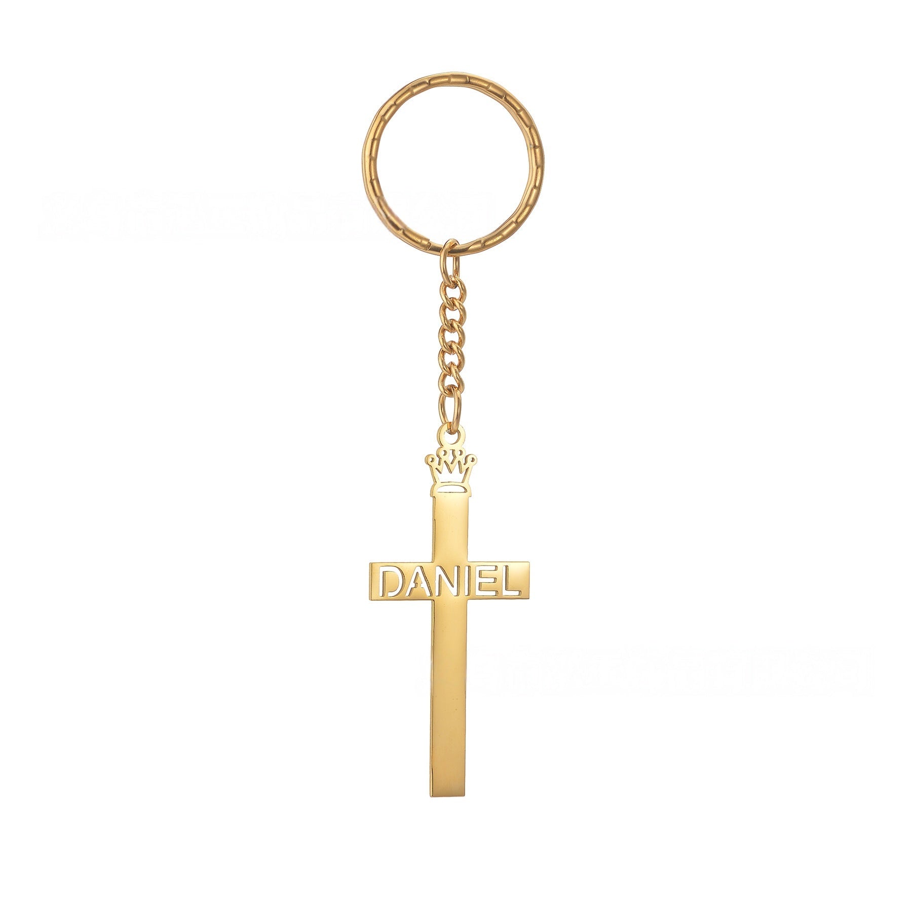Minimal gold vertical cross keychain with custom engraved name, stainless steel religious key ring pendant