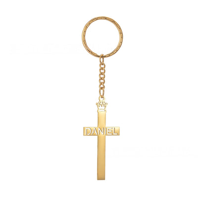 Minimal gold vertical cross keychain with custom engraved name, stainless steel religious key ring pendant
